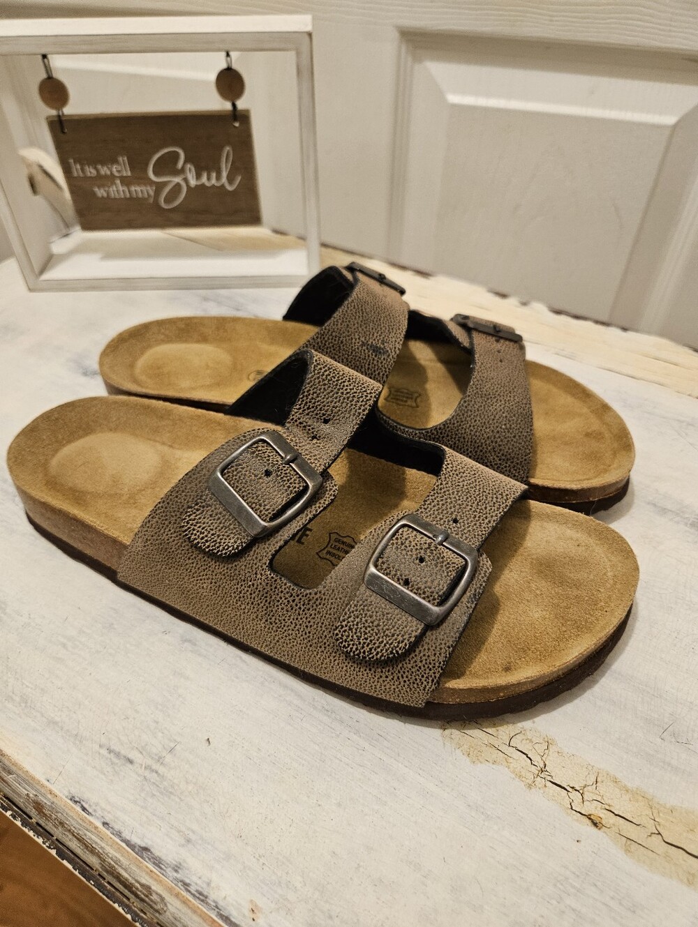 NWOT Genuine Leather Women’s Double-Buckle Suede Slide Sandals - Brown Size 9.5 - Picture 2 of 9